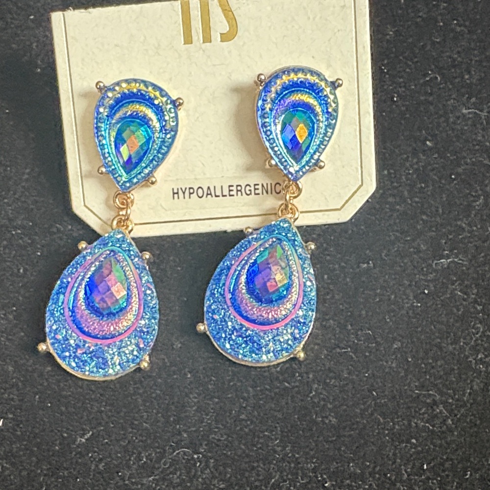 Hypoallergenic Blue and Gold Teardrop Earrings - Picture 2 of 4